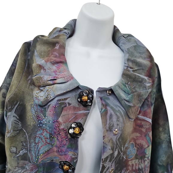 Bleu Boutique Floral Microsuede Jacket Medium Womens Blue Embellished Snap Front - Picture 2 of 4